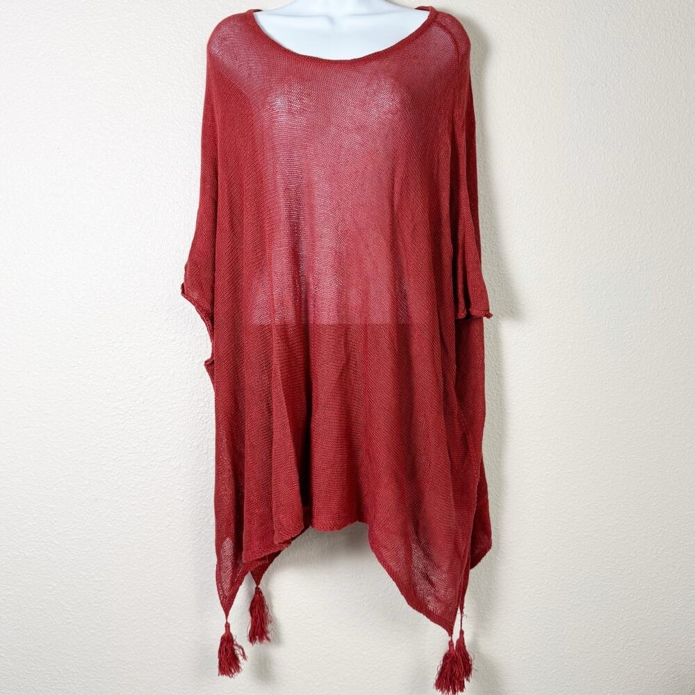 johnny was calme | rust orange sheer fringe knit boho poncho sz XS/S